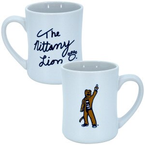 white ceramic mug with Penn State Nittany Lion mascot on one side, signature on other